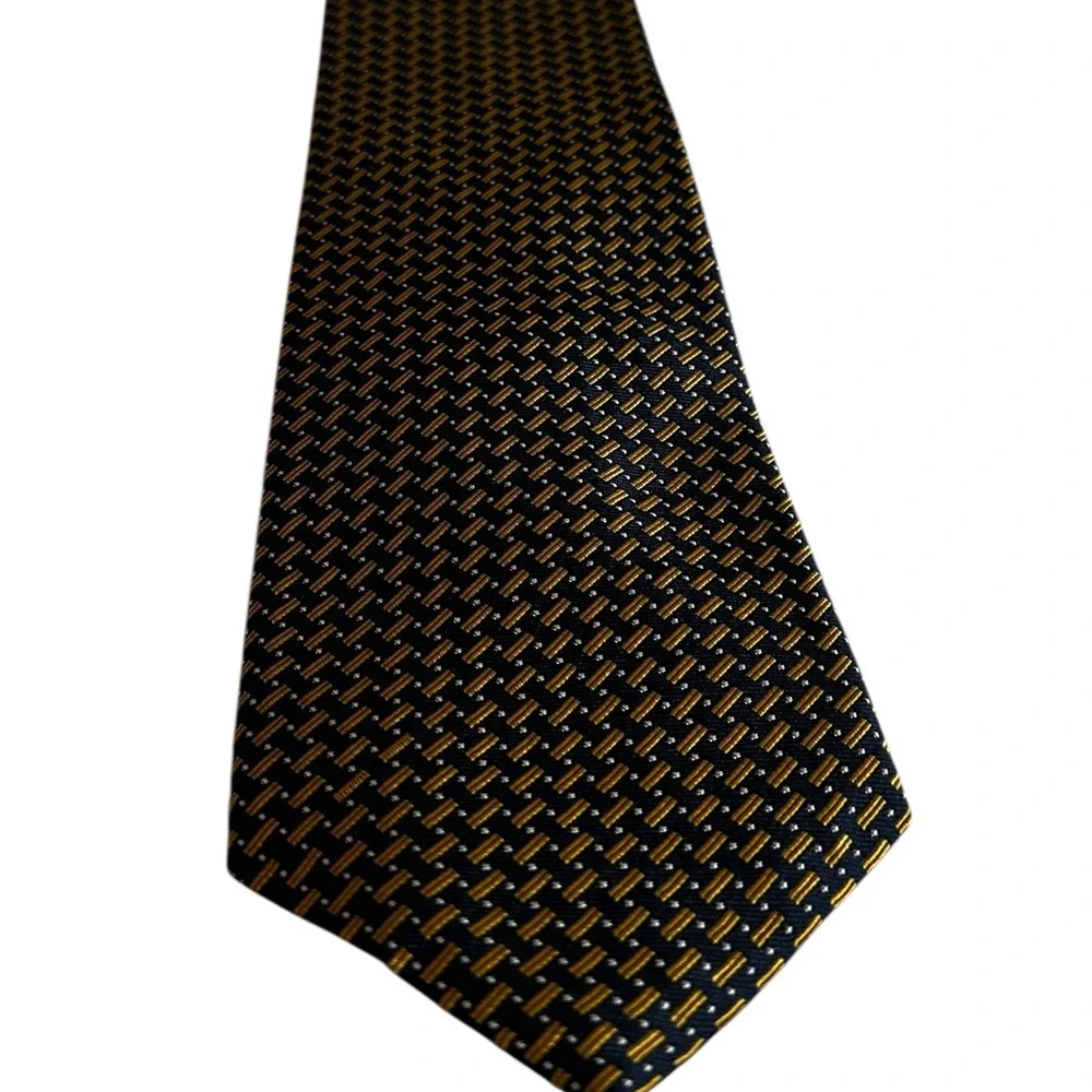 Lauren Ralph Lauren luxury 100% silk navy and gold patterned tie - Picture 6 of 11
